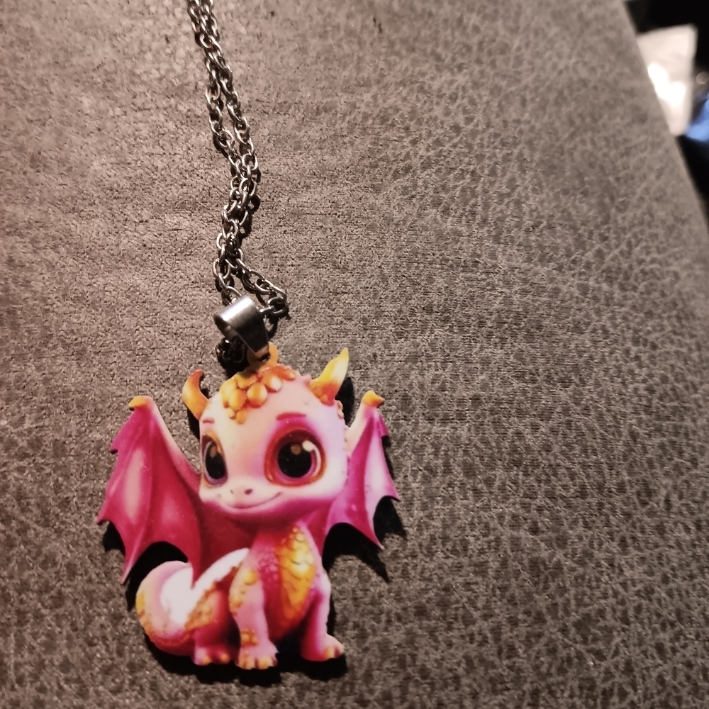 Kids Pink and Yellow Dragon Pendant Necklace